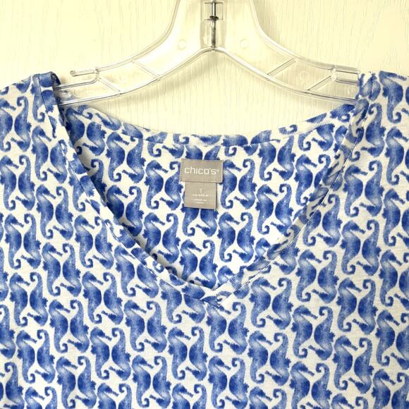 Chico's Wms 1/M Blue Seahorse Print Pima Cotton Tunic Top Lightweight Coastal - Picture 4 of 6